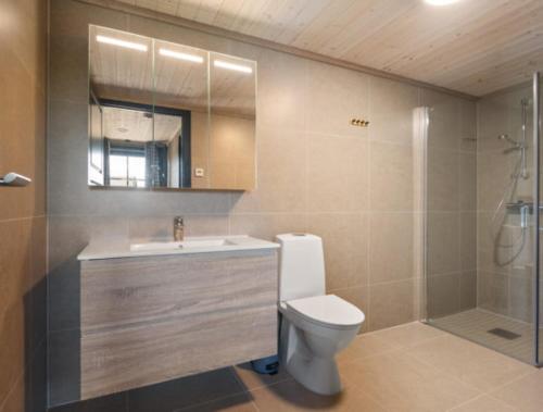 a bathroom with a toilet and a sink and a shower at Trysil turistesenter liten leilighet in Trysil