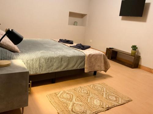 a bedroom with a bed with a rug and a television at Casa Pinheiro in Pinheiro de Coja