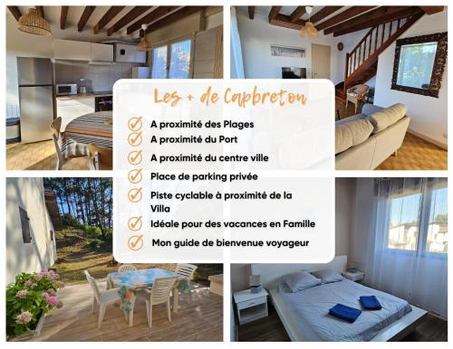 un collage de photos d'une cuisine et d'un salon dans l'établissement Capbreton - Villa Patio - Plage - Famile, à Capbreton