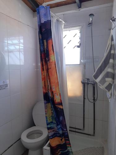 a bathroom with a shower curtain with a toilet at Hostal Pampaloja Antof in Antofagasta
