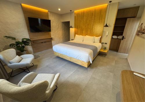 a bedroom with a bed and two chairs and a tv at Hotel San Gil House in San Gil