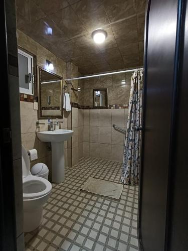a bathroom with a toilet and a sink at Villa Victoria Pirámides in San Martín de las Pirámides