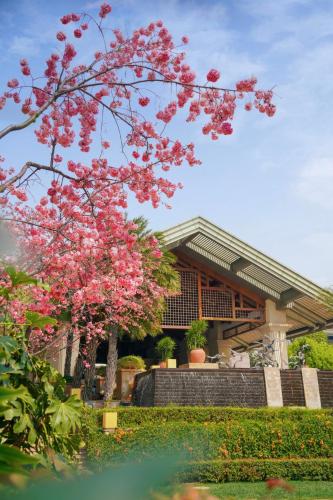 a tree with pink flowers in front of a building at InterContinental Kunming by IHG in Kunming