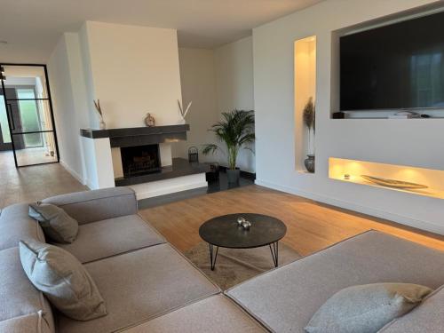 a living room with a couch and a tv at Modern dream house with private spa and gym in Norderstedt