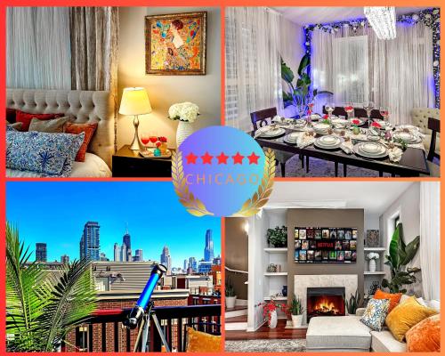 a collage of pictures of a living room and a dining room at Art Downtown Fulton Market Entire 3 bedroom Home Sleep10 Private Garage Roof EV Tesla in Chicago