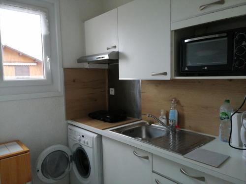 une cuisine avec un évier et une machine à laver dans l'établissement Appartement cosy 2 pièces près du lac et des thermes - FR-1-498-110, à Neuvecelle