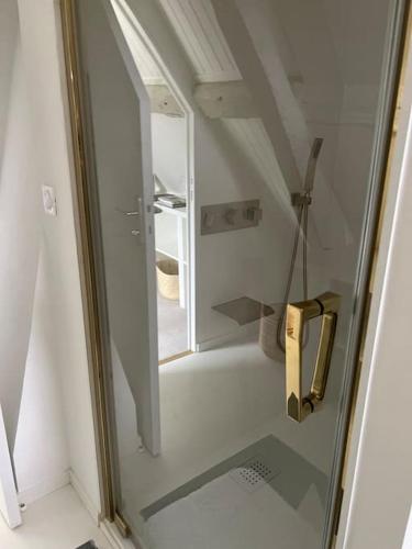 - une porte en verre d'une douche dans la chambre dans l'établissement Charmante chaumière, à Fierville-les-Parcs