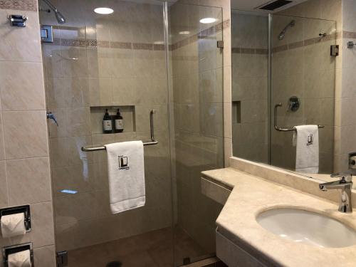 a bathroom with a shower with a sink and a mirror at Hotel Lepanto Reforma in Mexico City