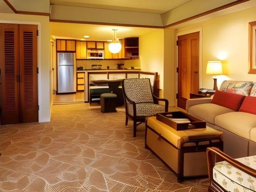 a living room with a couch and a kitchen at Aulani, Disney Vacation Club Villas in Kapolei