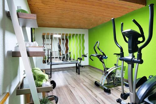a gym with exercise bikes in a room with green walls at Frühstückspension Bilgeri in Sulzberg