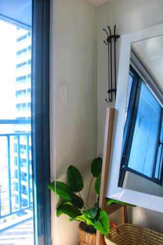 a plant in a basket sitting next to a window at Air Residences-Stylish&Comfort Stay High flat with balcony in Manila
