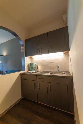 a kitchen with gray cabinets and a sink at Residence Sardis in Castelbello-ciardes