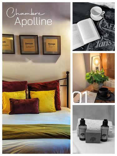a collage of pictures of a bedroom with a bed at L'Instant Sévigné in Grignan