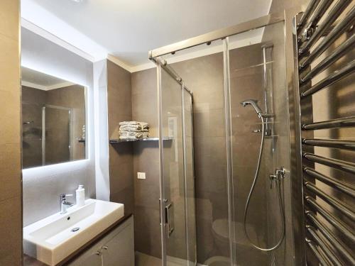 a bathroom with a shower and a sink at Appartamento Flair 43 in Mostacciano 