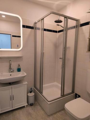 a bathroom with a shower and a toilet and a sink at Deine Kleine Auszeit in historischer Villa in Dornum