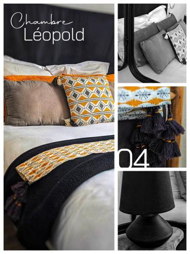 a collage of pictures of a bed with pillows at L'Instant Sévigné in Grignan