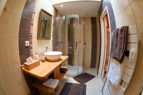 a bathroom with a sink and a shower at Le Petit Saint-Julien in Saint-Julien-les-Villas