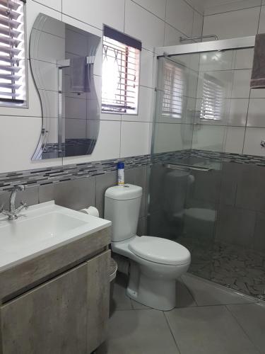 a bathroom with a toilet and a shower and a sink at A’ La Maison Guesthouse in Kimberley