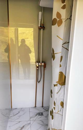 a room with a shower with a glass door at Bosogo Resort in Pervomayskoye