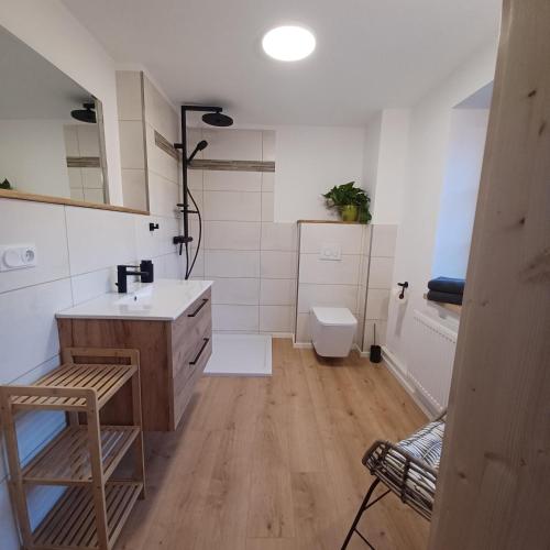 a bathroom with a sink and a toilet at Ferienhaus "An der Kleinen Spree" in Malschwitz