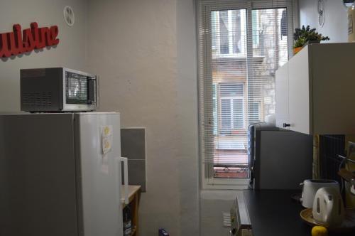 a kitchen with a refrigerator and a window at Backpackers Chez Patrick in Nice