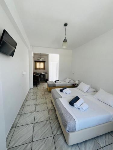 a bedroom with two beds and a living room at Paradise Apartments Studios in Mylopotas