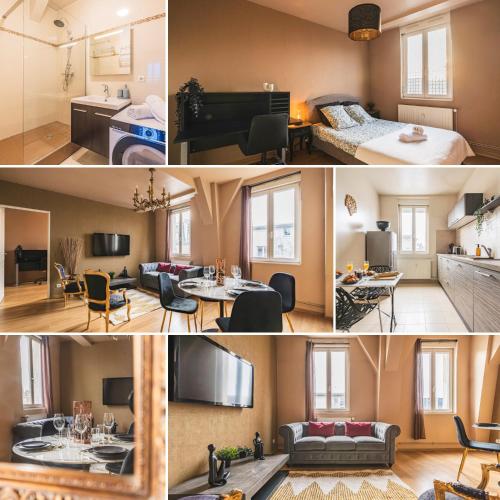un collage de photos d'une chambre d'hôtel dans l'établissement Lundy - Center - Free Park, à Reims