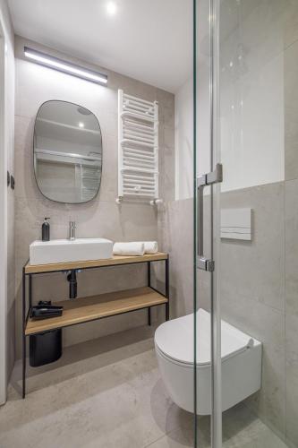 a bathroom with a sink and a toilet and a mirror at Aparthotel City Break Plac Wolności 6 in Poznań