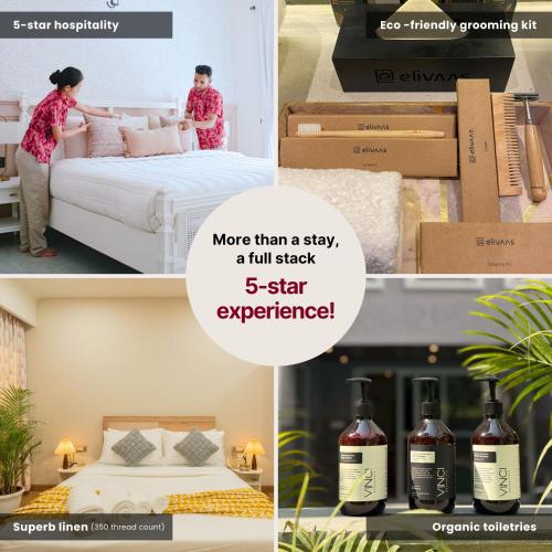 a collage of photos with a woman packing a bed and bottles of wine at Alaya Stays Ramalaya - Room with balcony in Jaipur