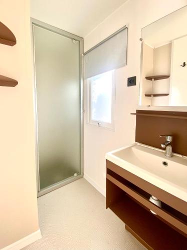 une salle de bain avec une douche en verre et un lavabo dans l'établissement Emplacement exceptionnel et rare sur la plage!, au Grau-dʼAgde