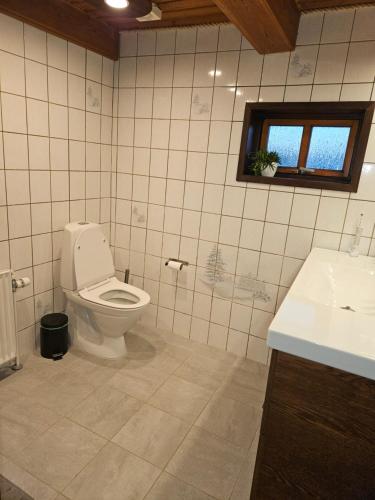 a bathroom with a toilet and a sink and a window at Rolige omgivelser i Dorf in Dronninglund
