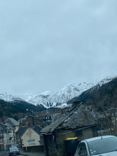 una ciudad con montañas cubiertas de nieve en el fondo en Maison les papillons, en Le Mont-Dore