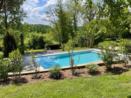 une piscine dans un jardin avec des plantes dans l'établissement Gîte du Vieux Fourens, entre charme et nature, à Nérigean