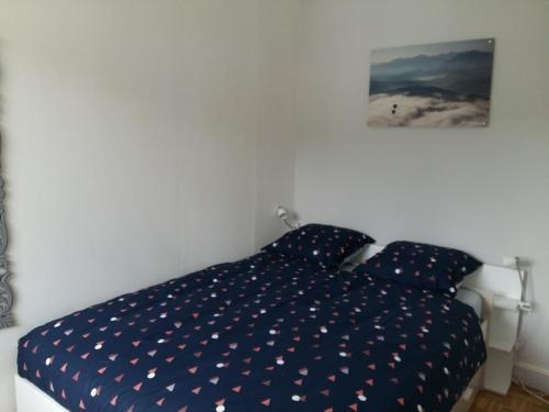 ein Bett mit blauer Decke mit weißen Sternen darauf in der Unterkunft Vue sur montagne in Bagnères-de-Bigorre