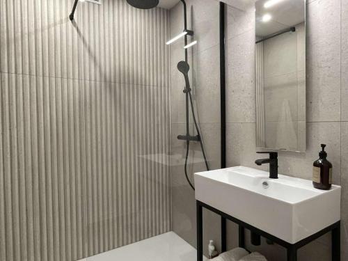 une salle de bain avec un lavabo et une douche avec un miroir dans l'établissement Appart 2 pièces 2 couchages BANYULS SUR MER BN100-C521, à Banyuls-sur-Mer