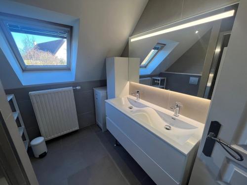 une salle de bain avec un lavabo et un miroir dans l'établissement Gîte les Bruyères, à Hesdin-lʼAbbé