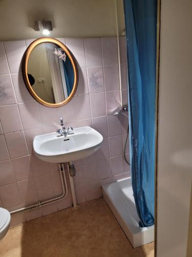 une salle de bain avec un lavabo, un miroir et une baignoire dans l'établissement Hébergement Flotiane, à Belley