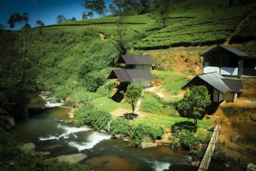 an aerial view of a river with houses on a hill at Grounder's River Cabin in Nuwara Eliya