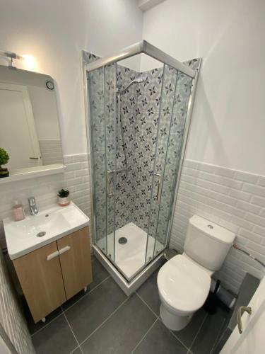 une salle de bain avec une douche, des toilettes et un lavabo dans l'établissement Studio cosy en plein cœur de Nice, à Nice