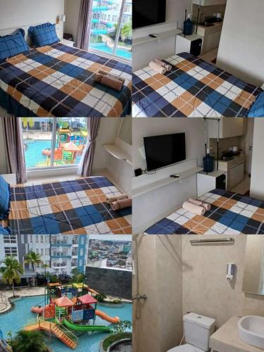 a collage of photos of a room with a bed and a pool at Apartment pentapolis studio in Stalkudo