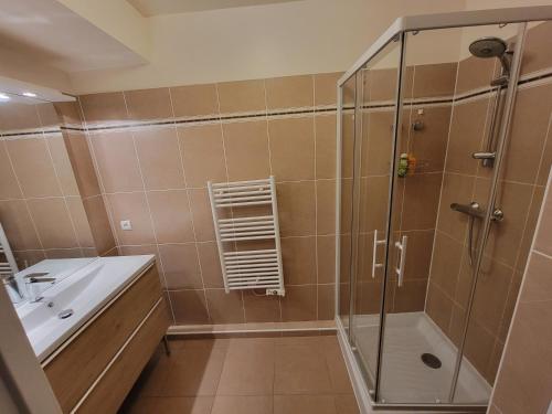 une salle de bain avec une douche, une baignoire et un lavabo dans l'établissement Bristol Park - parking - 5mn walk from Palais des Festivals, à Cannes