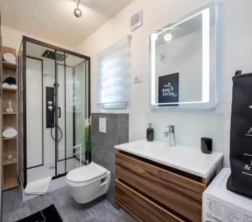 ein Badezimmer mit Toilette, Waschbecken und Dusche in der Unterkunft Private Resort Lumianni- 2 Houses in Kaštela