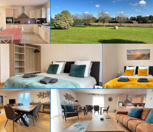 un collage de photos d'une chambre et d'un salon dans l'établissement La clé des champs Maison plain pied spacieuse lumineuse bien équipée, 3 chambres spacieuse, belle terrasse aménagée, garage, grand jardin clos, parking, près de Bayeux et Omaha Beach, à Tour-en-Bessin