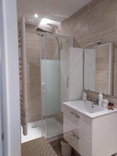 une salle de bain blanche avec une douche et un lavabo dans l'établissement Toulon, Soleil Et Douceur I, à Toulon