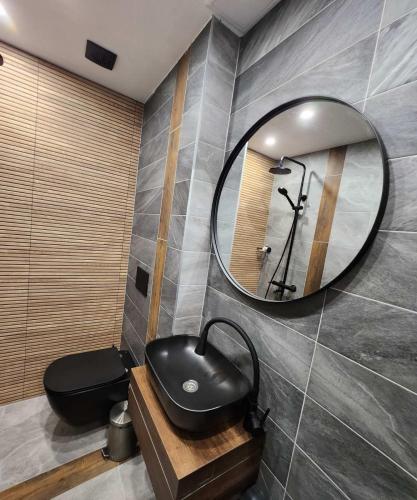 a bathroom with a black toilet and a mirror at Jorela Family Hotel in Ruse