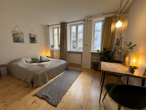 コペンハーゲンにあるKattesundet Apartments Best Location in Copenhagenのベッドと机と窓のある寝室