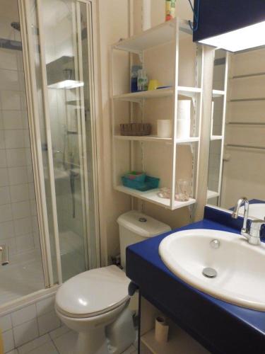 une salle de bain avec toilettes, lavabo et douche dans l'établissement CAP LES PINS Joli T2 piscine tennis Mt St Martin Cap d'Agde, au Cap d'Agde