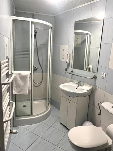 a bathroom with a shower and a sink and a toilet at Agapella Apartamemty- Villa Agapella 250m from the beach in Sopot