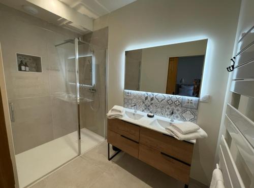 une salle de bain avec une douche, un lavabo et un miroir dans l'établissement Gîte de La Baumée, à Hiesville