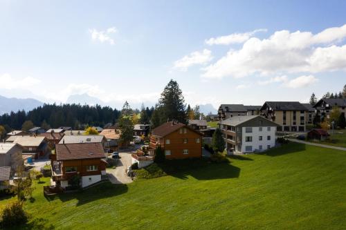 an aerial view of a small town with a green field at Ferienhaus Bergblick in Amden